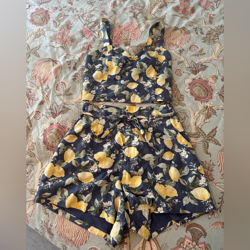 Abercrombie & Fitch Linen Blue and Yellow Lemon Print Set